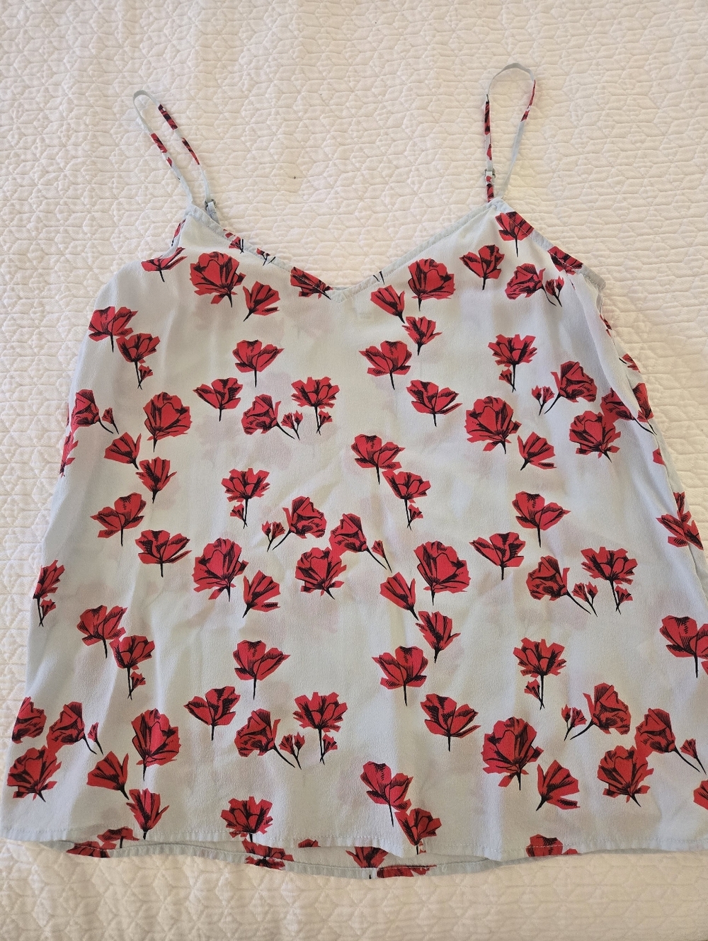100%  silk Light Blue Floral Cami with Red Flower Print.